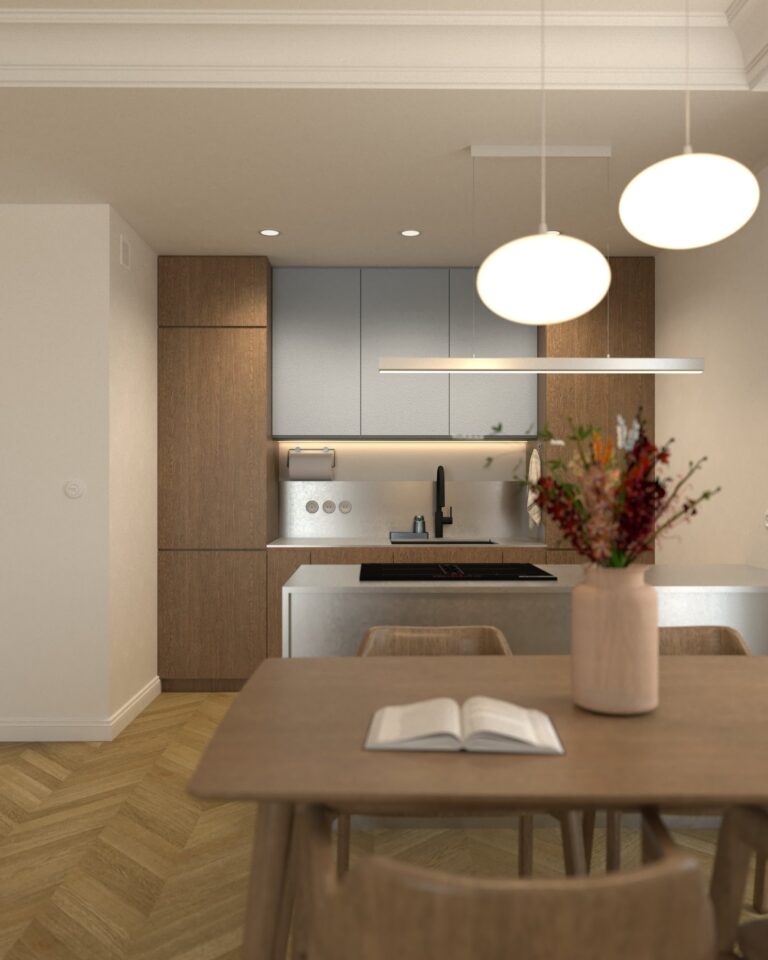 projekt wnetrza salonu z aneksem kuchennym i jadalnia wyspa stalowa niebieskie i drewniane fronty stalowy blat