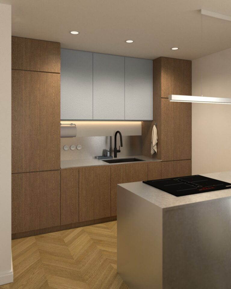 projekt wnetrza salonu z aneksem kuchennym i jadalnia wyspa stalowa niebieskie i drewniane fronty stalowy blat