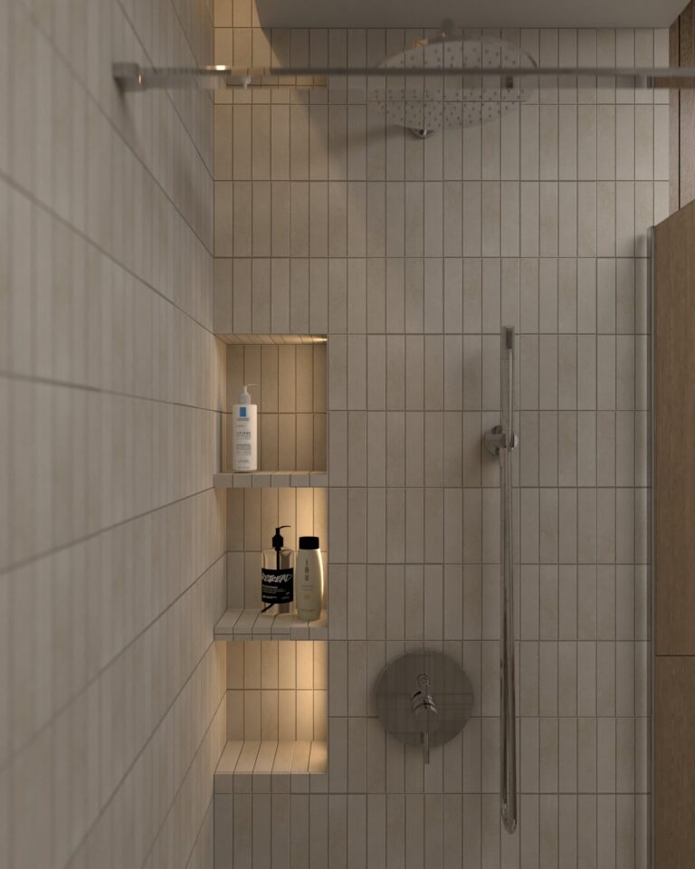 projekt wnetrza małej łazienki z dużym prysznicem mozaika raster lines m off white bateria prysznicowa omnires