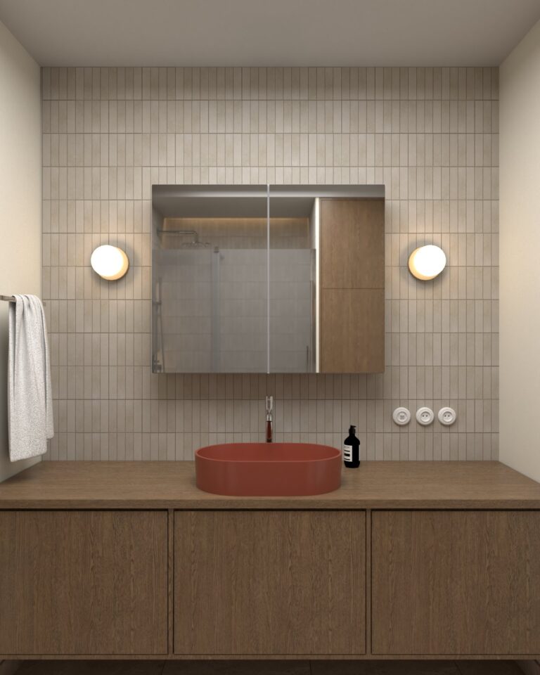 projekt wnetrza małej łazienki mozaika raster lines m off white wc omnires ovo m umywalka terracotta kinkiet ball beige aldex