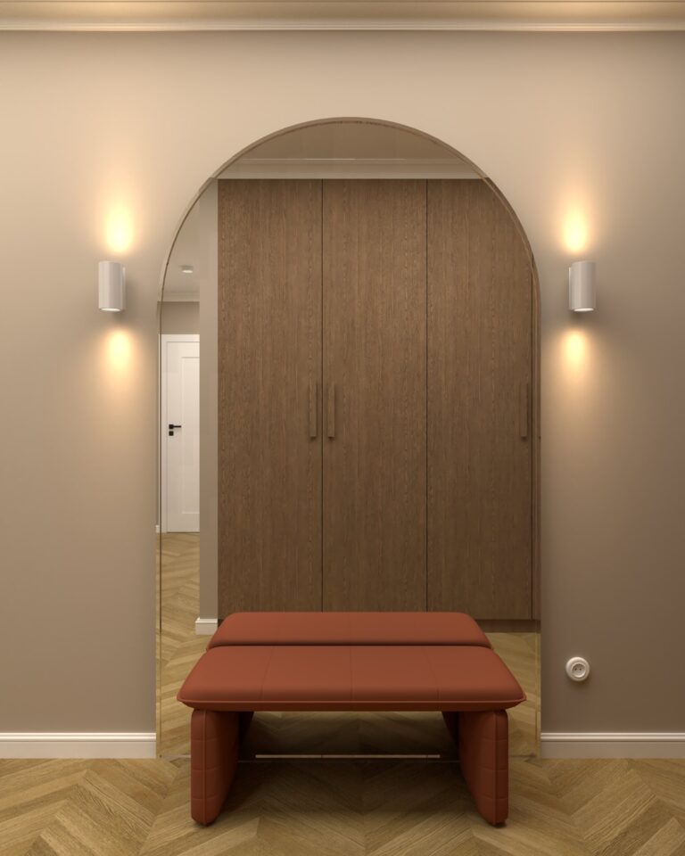 projekt wnetrza przedpokoju ze sztukateria ławka hubsh mellow duze lustro