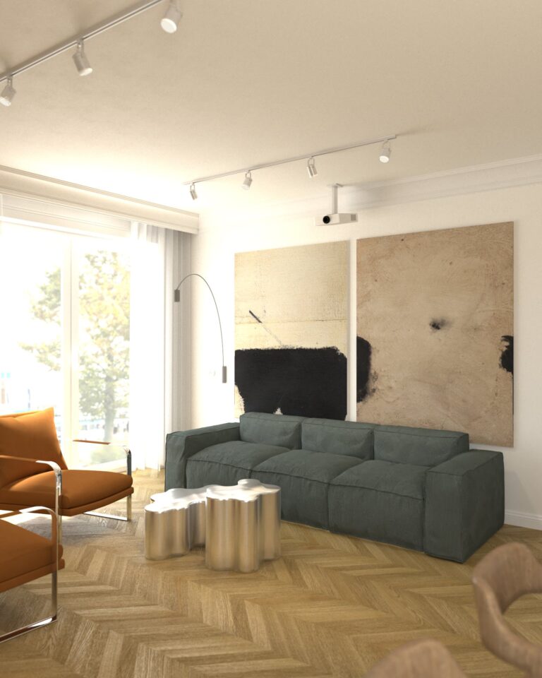 projekt wnetrza salonu pomaranczowe skorzane fotele conform shabby stolik kawowy saba teatro magico sofa peanut bonaldo