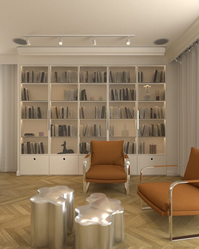 projekt wnetrza biblioteczka w salonie pomaranczowe skorzane fotele conform shabby stolik kawowy saba teatro magico