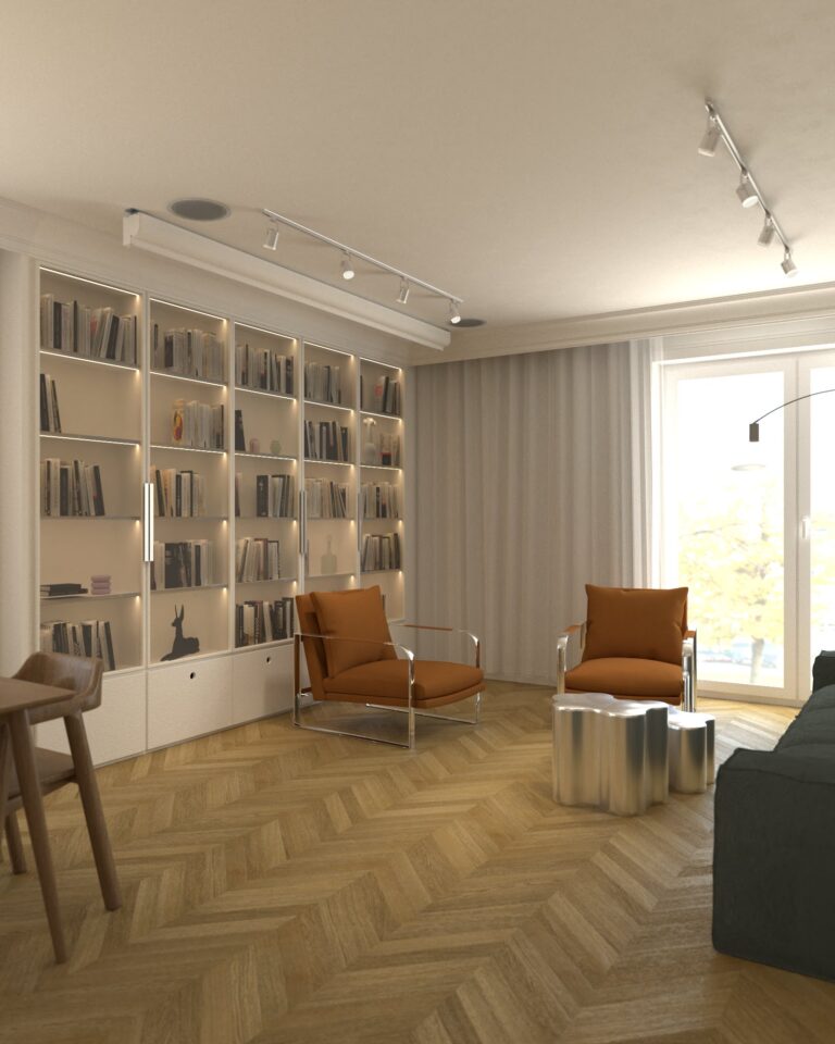 projekt wnetrza biblioteczka w salonie pomaranczowe skorzane fotele conform shabby stolik kawowy saba teatro magico