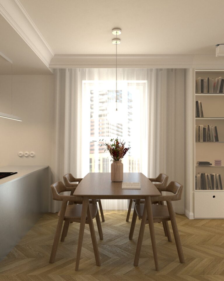 projekt wnetrza salonu z aneksem kuchennym i jadalnia wyspa stalowa biblioteczka w salonie