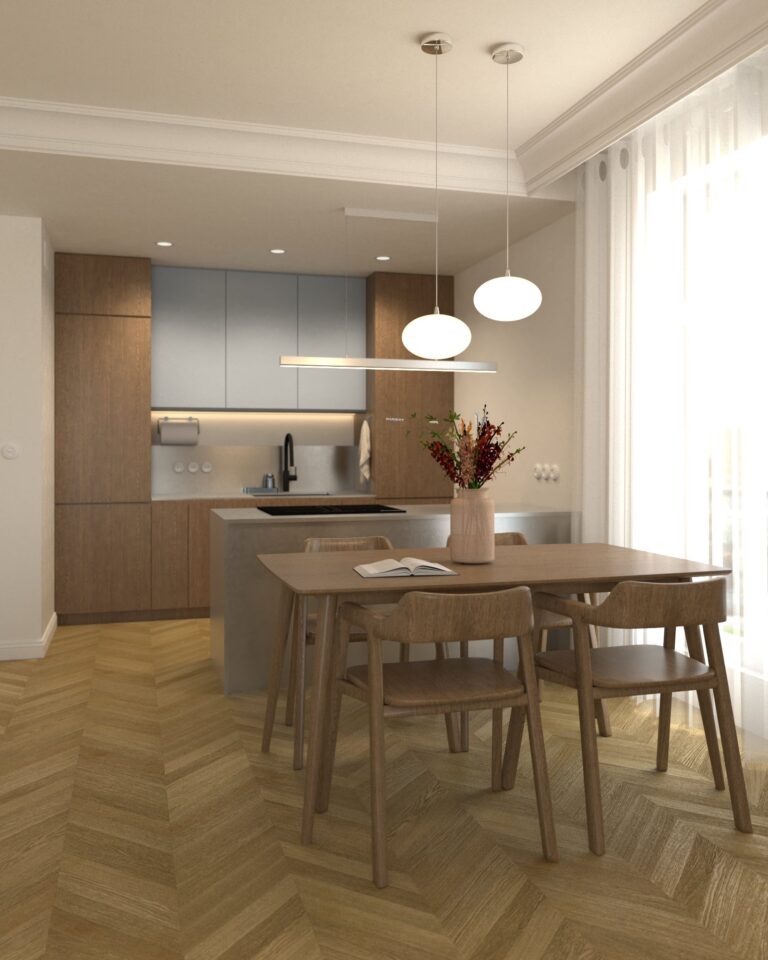 projekt wnetrza salonu z aneksem kuchennym i jadalnia wyspa stalowa niebieskie i drewniane fronty stalowy blat