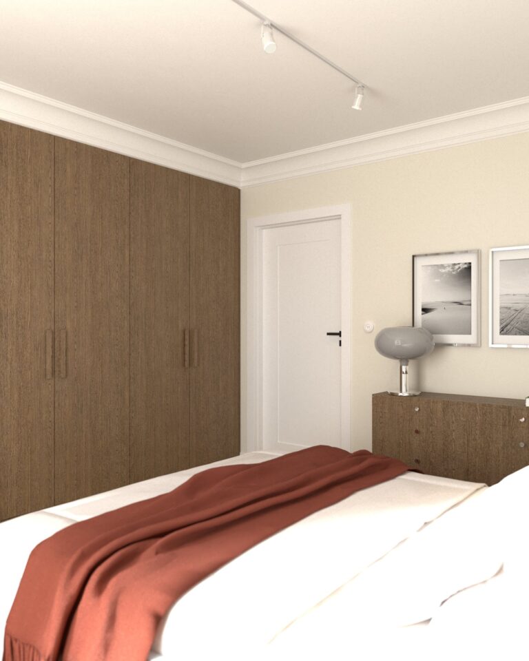 projekt wnetrza sypialni łóżko iwc sono duża szafa garderobiana drewniane fronty fornirowane komoda pastform nanu lampka stołowa nemo