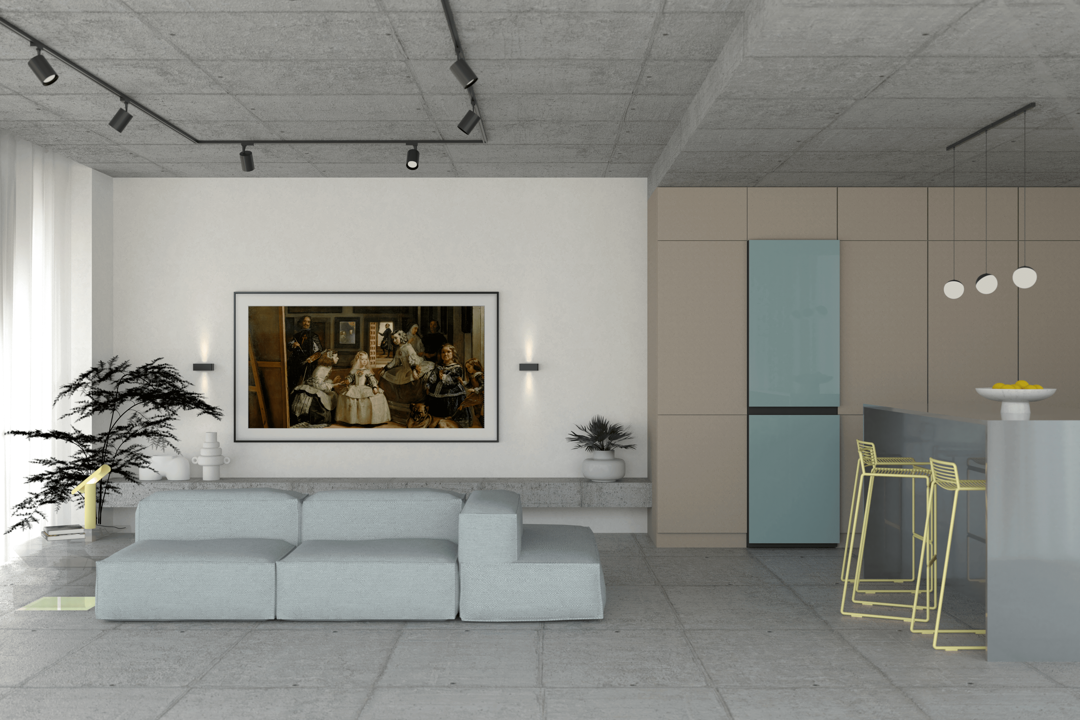 projekt wnętrza mieszkania z betonowym stropem i podłogą lodówka samsung beframe żółte krzesła niebieska kanapa modułowa beżowa kuchnia stalowa wyspa