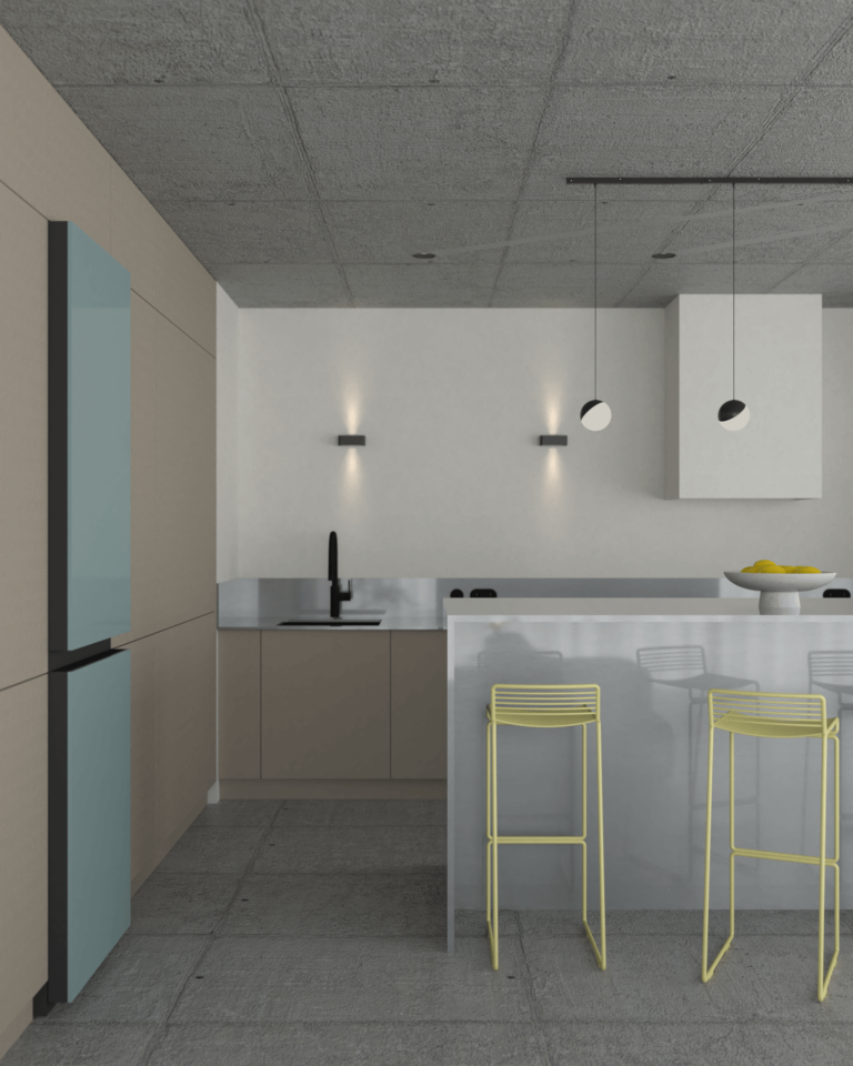 projekt wnętrza mieszkania z betonowym stropem i podłogą lodówka samsung żółte krzesła beżowa kuchnia stalowa wyspa