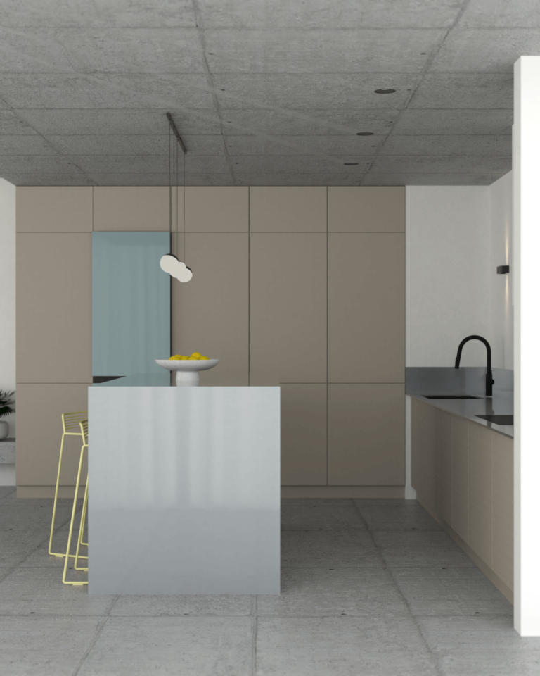 projekt wnętrza mieszkania z betonowym stropem i podłogą lodówka samsung żółte krzesła beżowa kuchnia stalowa wyspa