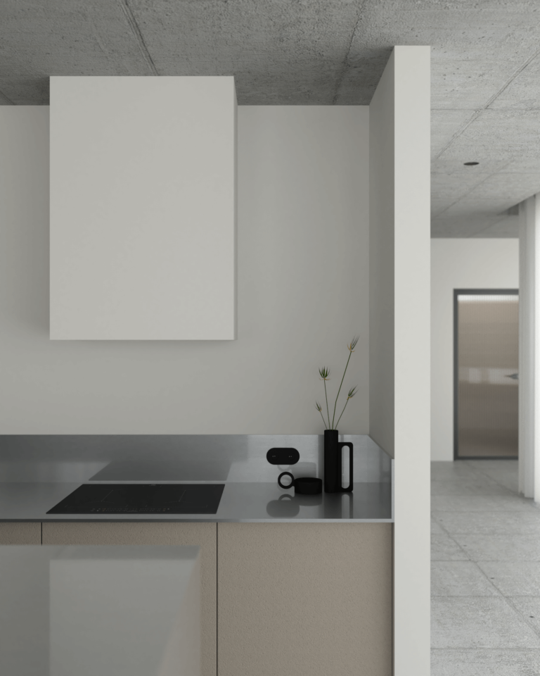 projekt wnętrza mieszkania z betonowym stropem i podłogą beżowa kuchnia stalowa wyspa