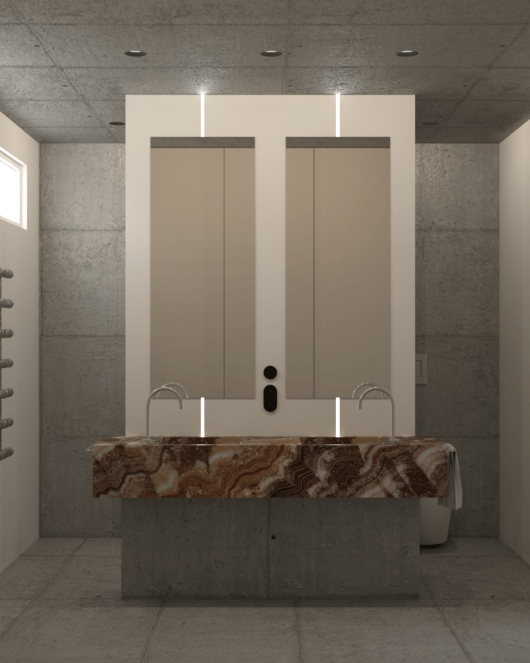 projekt wnętrza mieszkania z betonowym stropem i podłogą łazienka z kamienną umywalką zintegrowaną