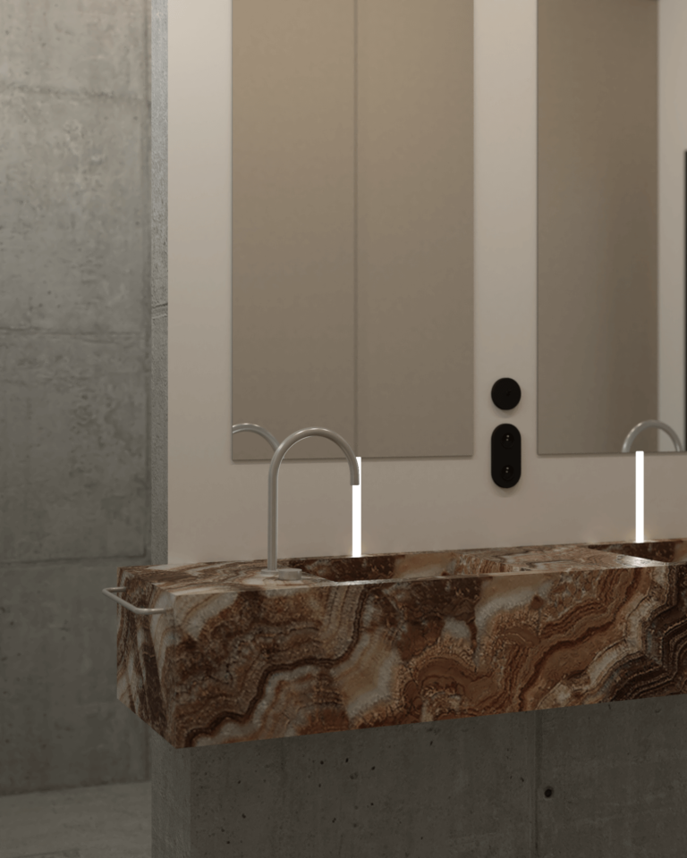 projekt wnętrza mieszkania z betonowym stropem i podłogą łazienka z kamienną umywalką zintegrowaną