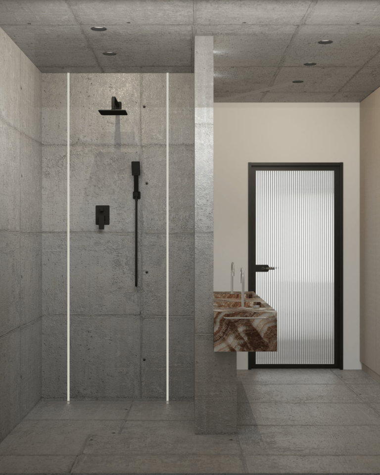 projekt wnętrza mieszkania z betonowym stropem i podłogą łazienka z kamienną umywalką zintegrowaną ryflowane drzwi ze szkła flutes