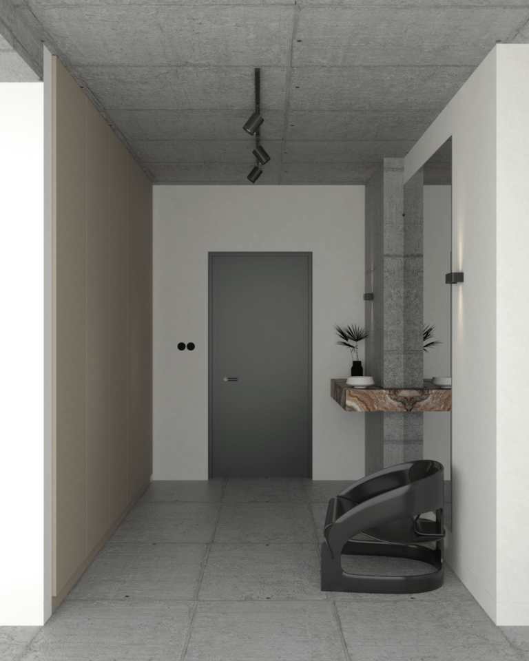 projekt wnętrza mieszkania z betonowym stropem i podłogą korytarz przedpokój