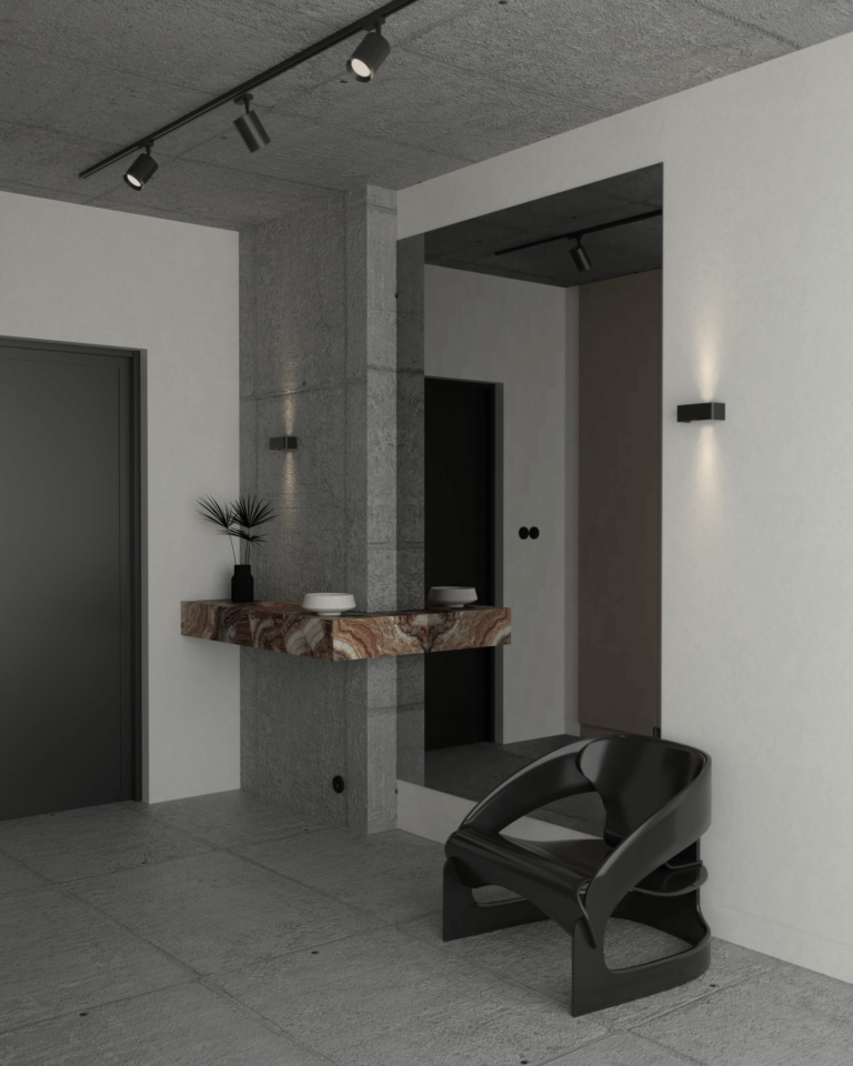 projekt wnętrza mieszkania z betonowym stropem i podłogą korytarz przedpokój