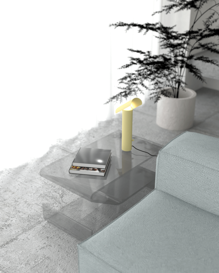 projekt wnętrza mieszkania z betonowym stropem i podłogą niebieska kanapa modułowa szklany stolik