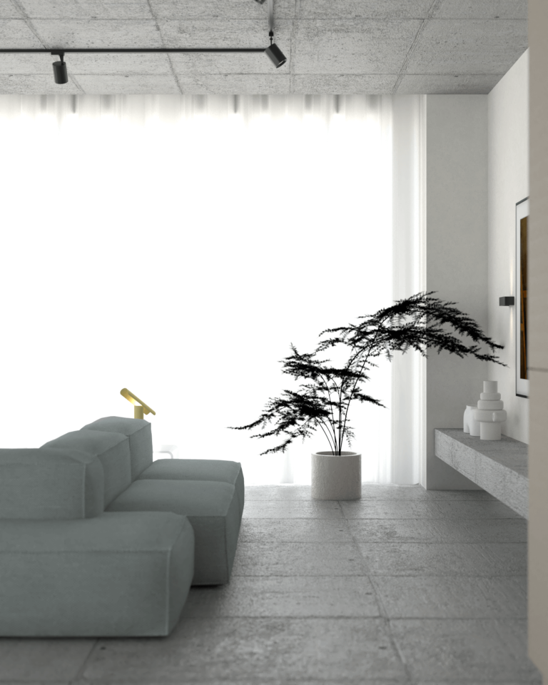 projekt wnętrza mieszkania z betonowym stropem i podłogą niebieska kanapa modułowa szklany stolik telewizor samsung beframe