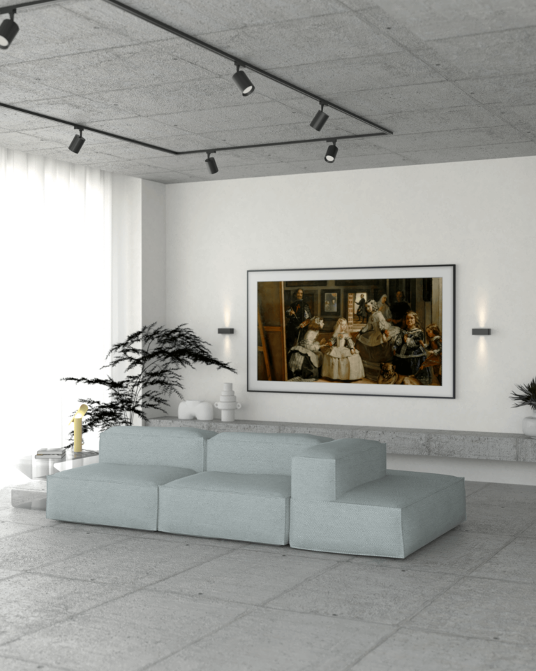 projekt wnętrza mieszkania z betonowym stropem i podłogą niebieska kanapa modułowa szklany stolik telewizor samsung beframe