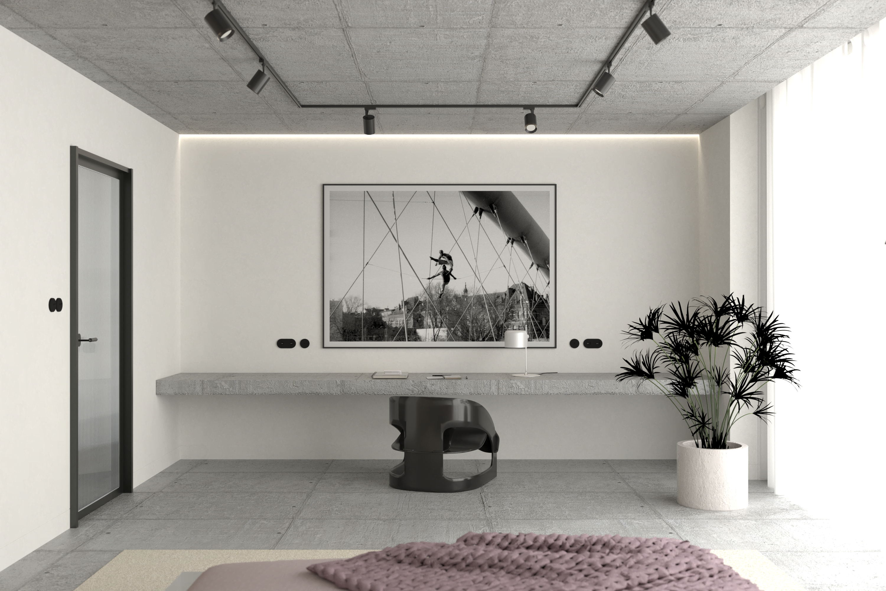 projekt wnętrza mieszkania z betonowym stropem i podłogą minimalistyczna sypiania z dużym biurkiem