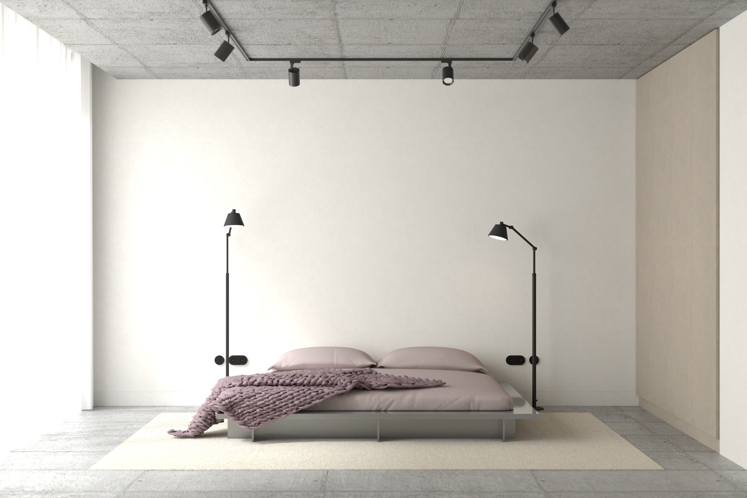 projekt wnętrza mieszkania z betonowym stropem i podłogą minimalistyczna sypiania