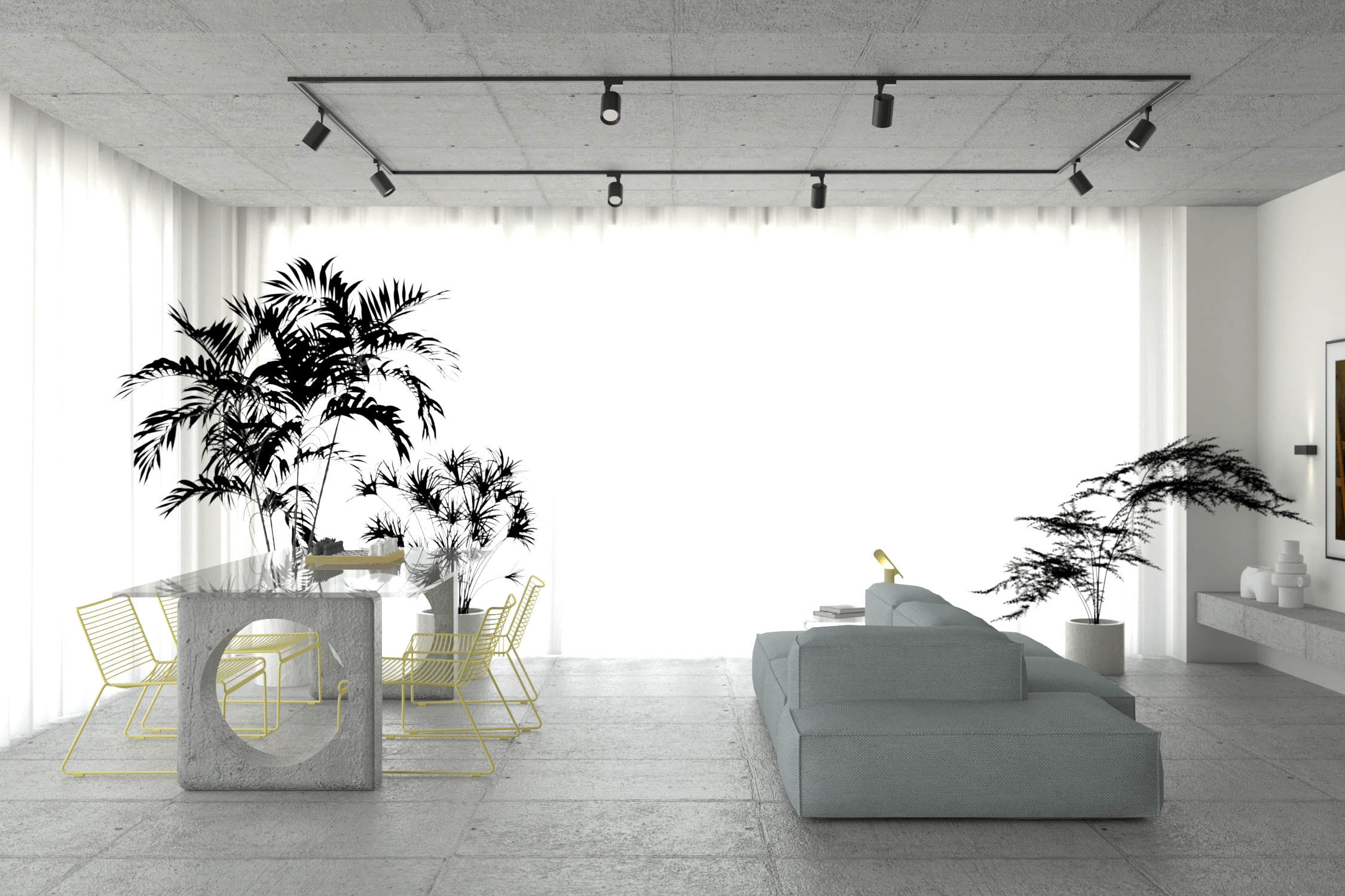 projekt wnętrza mieszkania z betonowym stropem i podłogą betonowo szklany stół żółte krzesła niebieska kanapa modułowa stalowa wyspa