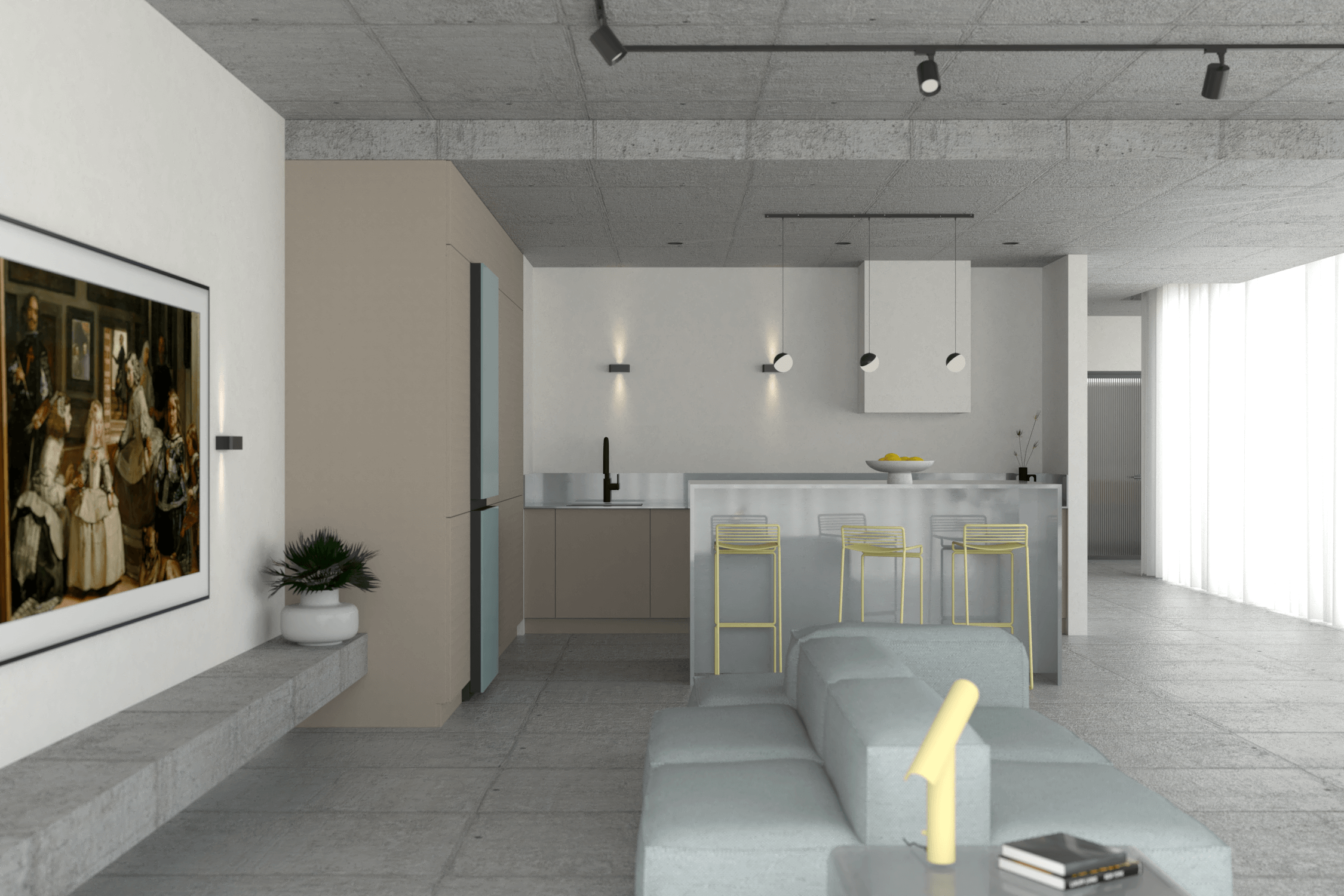 projekt wnętrza mieszkania z betonowym stropem i podłogą lodówka samsung żółte krzesła niebieska kanapa modułowa beżowa kuchnia stalowa wyspa