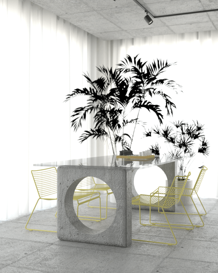 projekt wnętrza mieszkania z betonowym stropem i podłogą betonowo szklany stół żółte krzesła