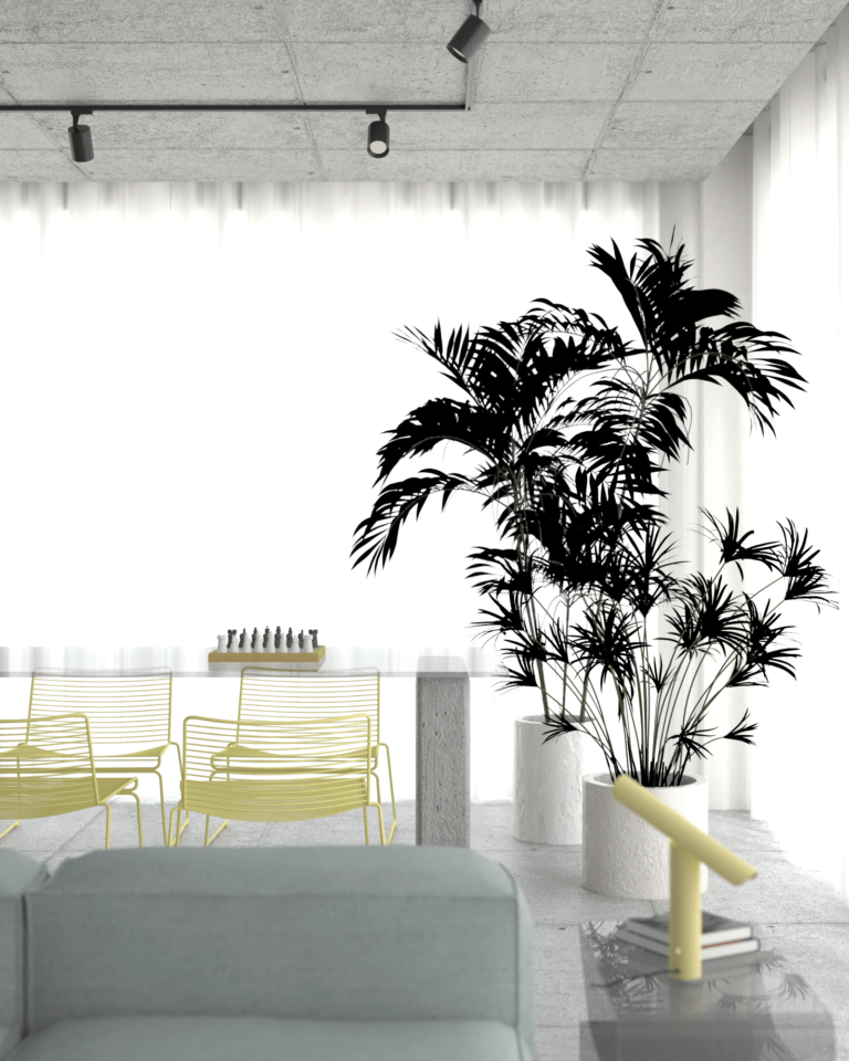 projekt wnętrza mieszkania z betonowym stropem i podłogą betonowo szklany stół żółte krzesła niebieska kanapa modułowa