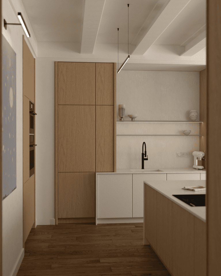 projekt wnętrza mieszkania klimatyczne mieszkanie w stylu retro kuchnia belki stropowe na suficie dębowa podłoga wyspa kuchenna stołki barowe czarne kamienny blat wysoka zabudowa kuchenna