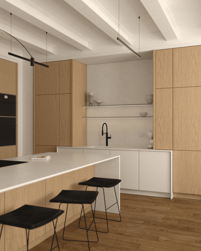 projekt wnętrza mieszkania klimatyczne mieszkanie w stylu retro kuchnia belki stropowe na suficie dębowa podłoga wyspa kuchenna stołki barowe czarne kamienny blat wysoka zabudowa kuchenna