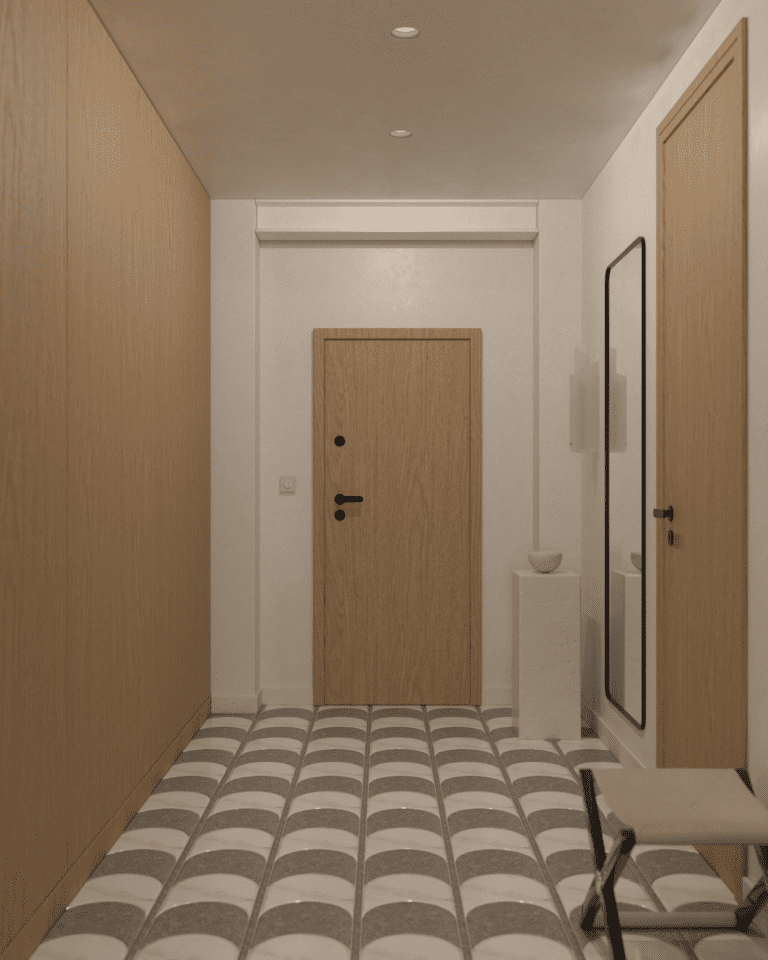 projekt wnętrza mieszkania klimatyczne mieszkanie w stylu retro korytarz dębowa podłoga wysokie drewniane drzwi kinkiet artemide chimera lustro kwadratowe w czarnej ramie wysoka szafa w korytarzu Siedzisko Paolo Castelli Chair Scranno płytki mozaika Terratinta Vicentina