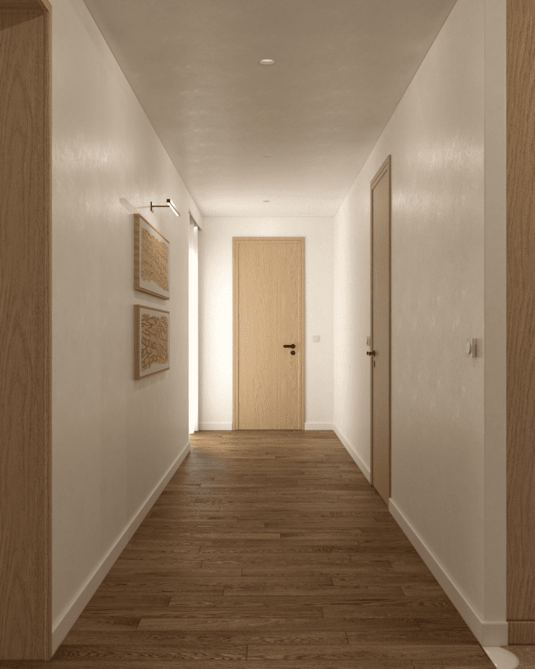 projekt wnętrza mieszkania klimatyczne mieszkanie w stylu retro korytarz dębowa podłoga wysokie drewniane drzwi