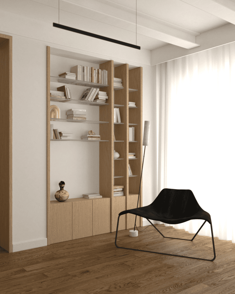 projekt wnętrza mieszkania klimatyczne mieszkanie w stylu retro salon belki stropowe na suficie dębowa podłoga regał na książki retro biblioteczka fotel tacchini glide Lampa Stojąca COVO Noja