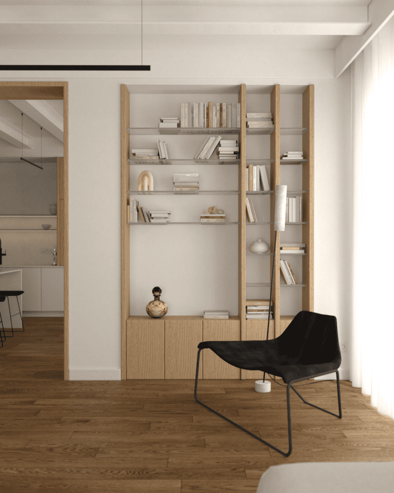 projekt wnętrza mieszkania klimatyczne mieszkanie w stylu retro salon belki stropowe na suficie dębowa podłoga regał na książki retro biblioteczka fotel tacchini glide Lampa Stojąca COVO Noja