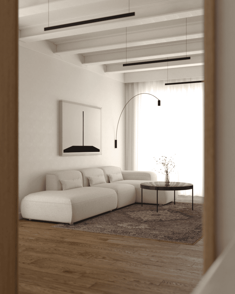 projekt wnętrza mieszkania klimatyczne mieszkanie w stylu retro salon belki stropowe na suficie dębowa podłoga biały narożnik partisan sofa lapsi czarny okrągły stolik kawowy biało czarny obraz perski dywan