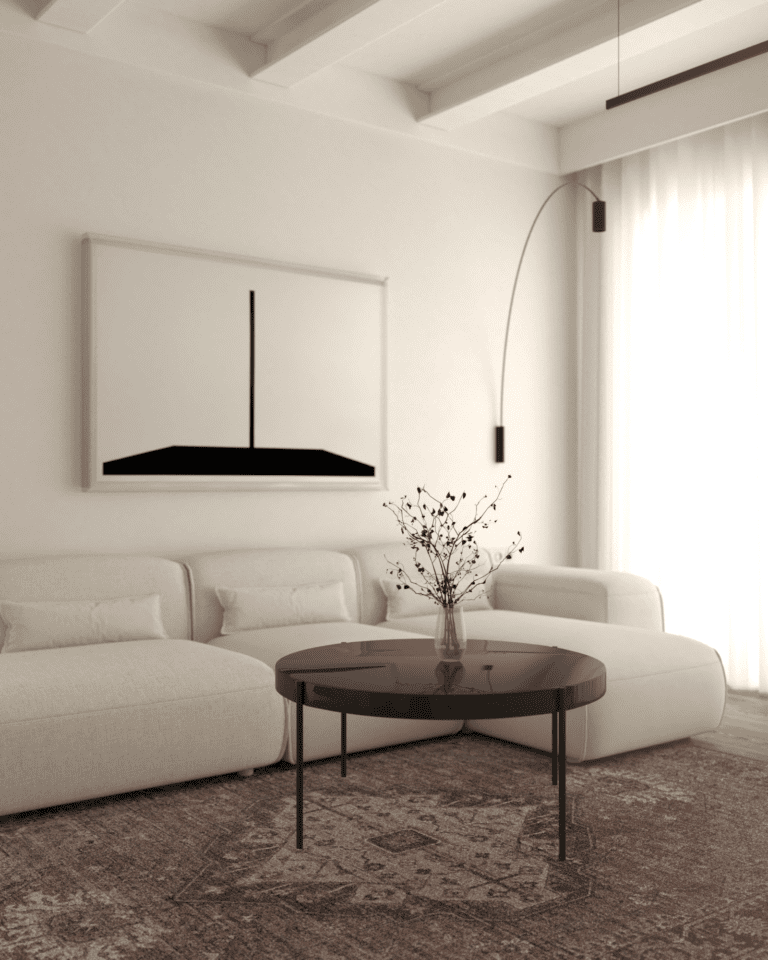 projekt wnętrza mieszkania klimatyczne mieszkanie w stylu retro salon belki stropowe na suficie dębowa podłoga biały narożnik partisan sofa lapsi czarny okrągły stolik kawowy biało czarny obraz perski dywan