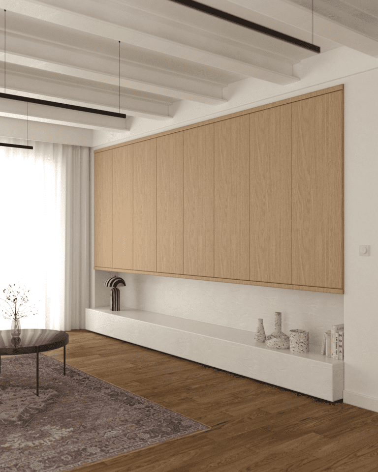 projekt wnętrza mieszkania klimatyczne mieszkanie w stylu retro salon belki stropowe na suficie dębowa podłoga wysoka zabudowa na ścianie rtv perski dywan czarny okrągły stolik kawowy