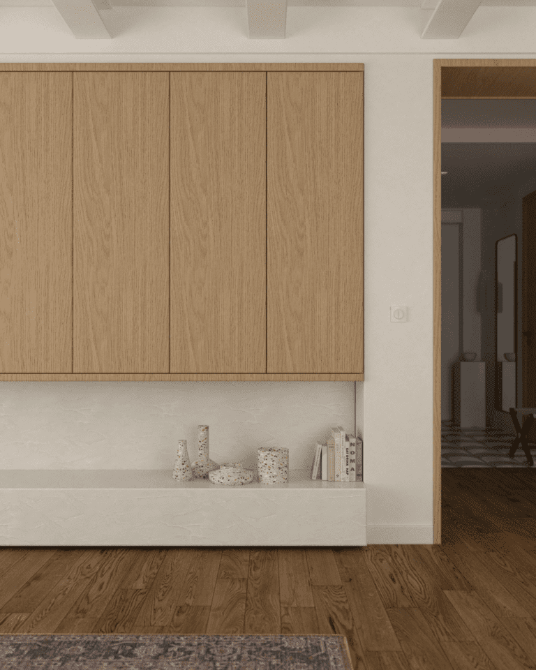 projekt wnętrza mieszkania klimatyczne mieszkanie w stylu retro salon belki stropowe na suficie dębowa podłoga wysoka zabudowa na ścianie rtv