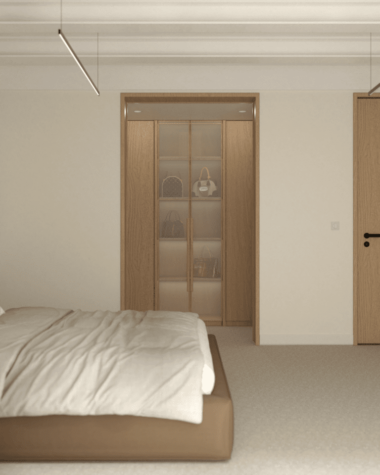 projekt wnętrza mieszkania klimatyczne mieszkanie w stylu retro sypialnia belki stropowe na suficie otwarta garderoba wykładzina brązowe łóżko tapicerowane