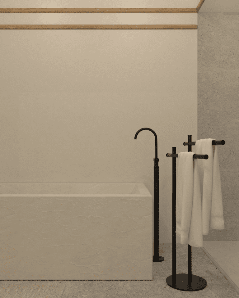 projekt wnętrza mieszkania klimatyczne mieszkanie w stylu retro łazienka wanna z konglomeratu marmur bateria wannowa stojąca czarna