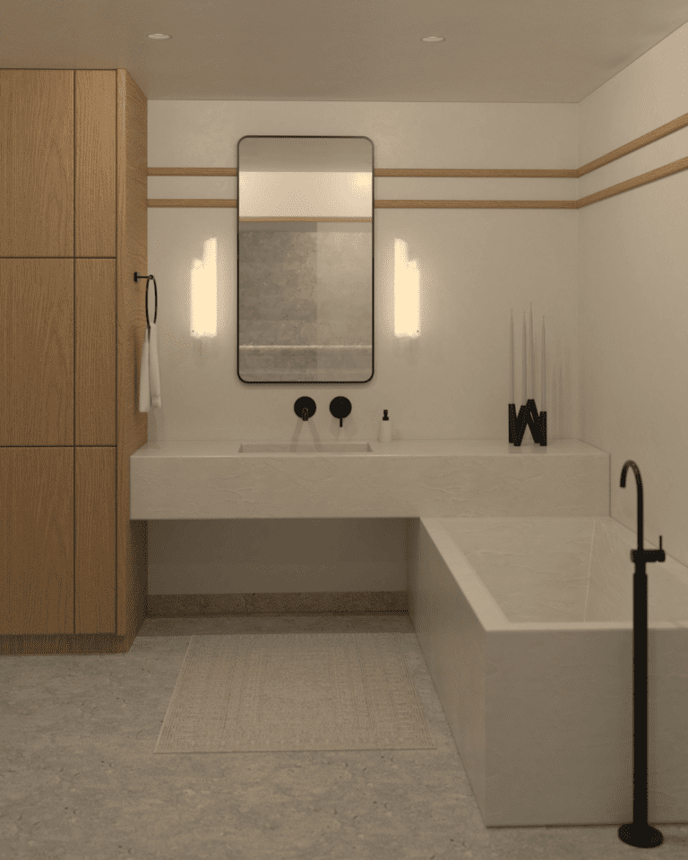 projekt wnętrza mieszkania klimatyczne mieszkanie w stylu retro łazienka wanna z konglomeratu marmur bateria wannowa stojąca czarna kinkiet artemide chimera umywalka z konlomeratu zintegrowana bateria umwalkowa ścienna czarna