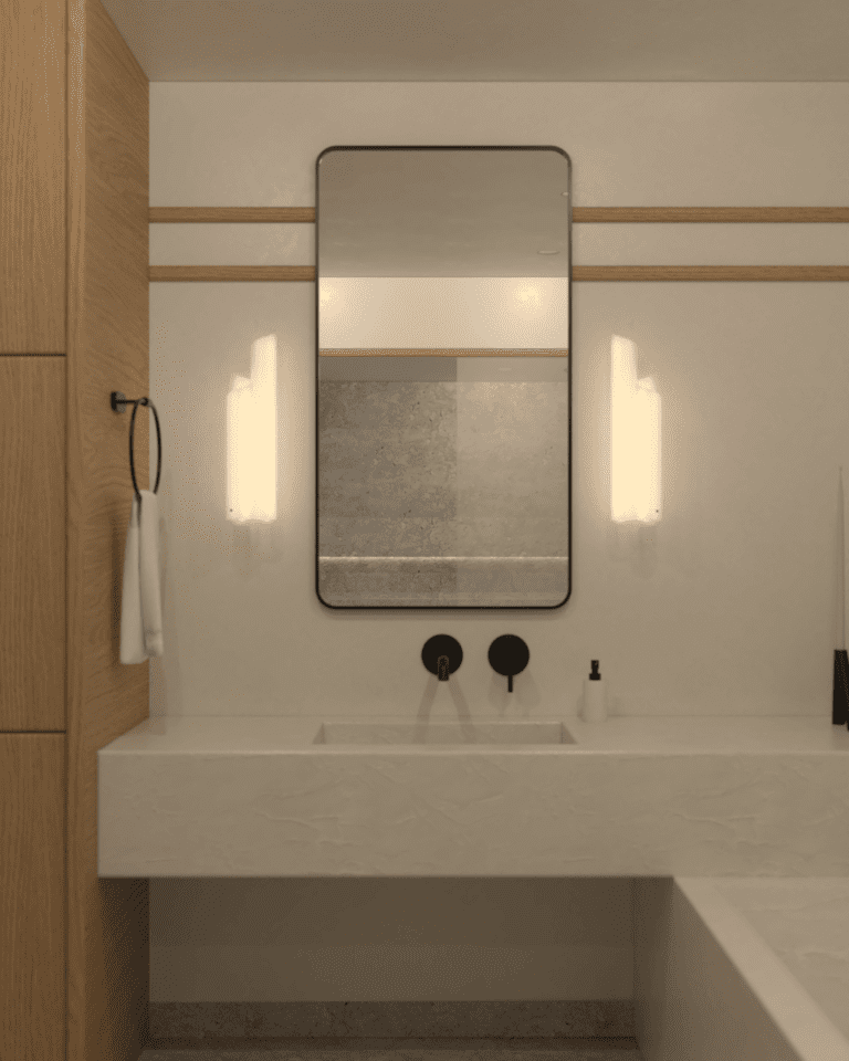 projekt wnętrza mieszkania klimatyczne mieszkanie w stylu retro łazienka wanna z konglomeratu marmur kinkiet artemide chimera umywalka z konlomeratu zintegrowana bateria umwalkowa ścienna czarna