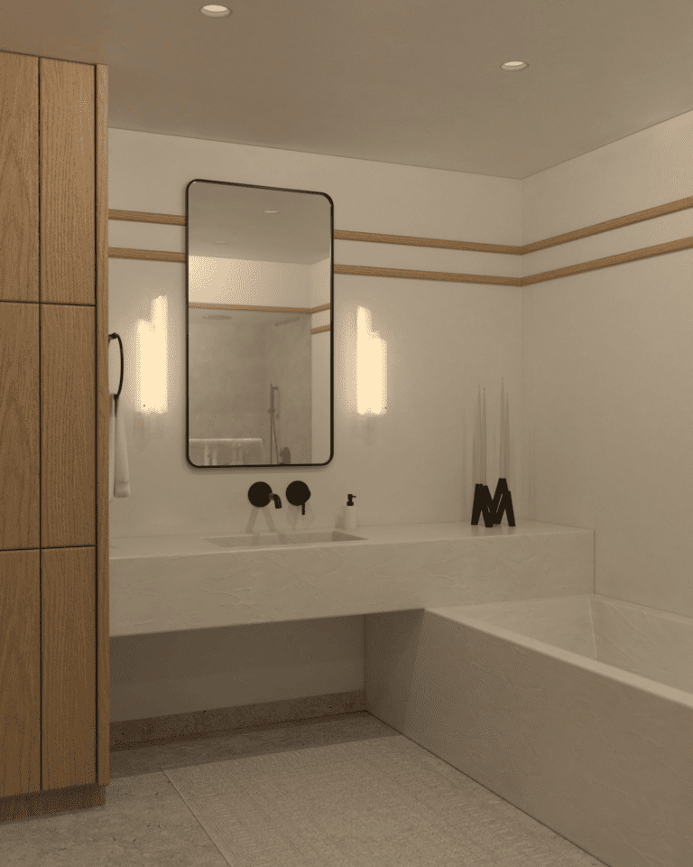 projekt wnętrza mieszkania klimatyczne mieszkanie w stylu retro łazienka wanna z konglomeratu marmur kinkiet artemide chimera umywalka z konlomeratu zintegrowana bateria umwalkowa ścienna czarna