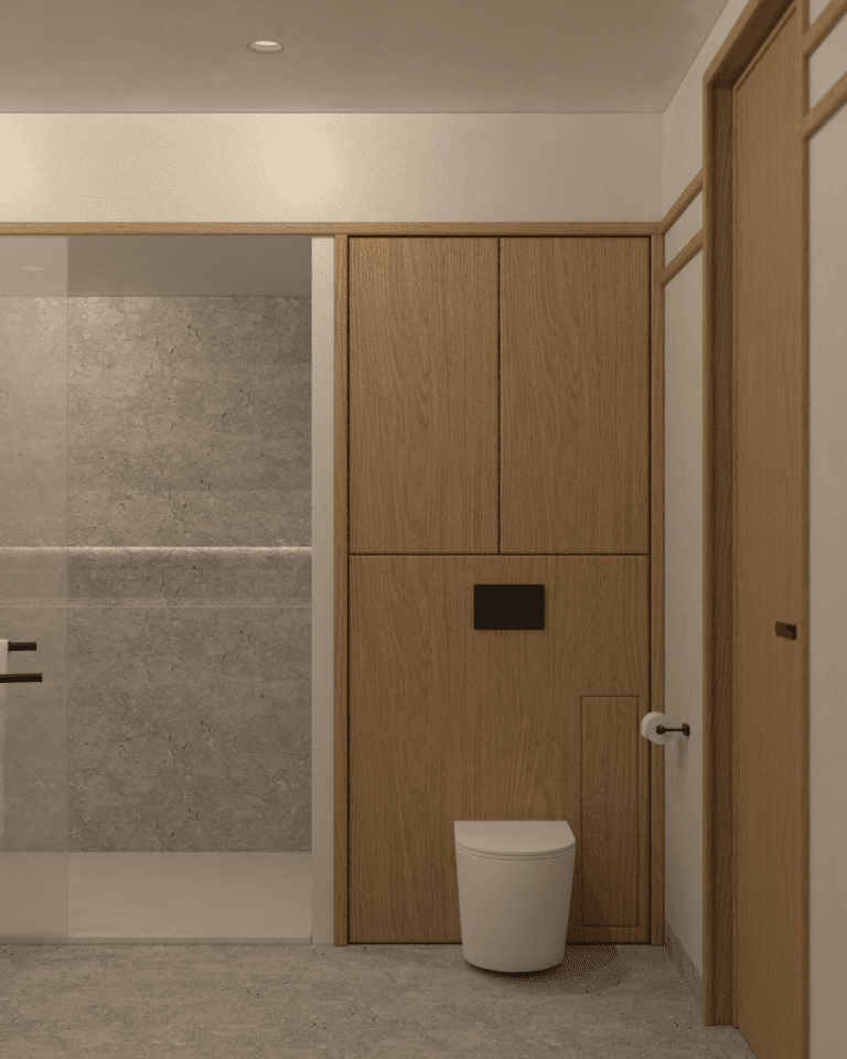 projekt wnętrza mieszkania klimatyczne mieszkanie w stylu retro łazienka prysznic walk-in podświetlana półka WC deszczownica sufitowa