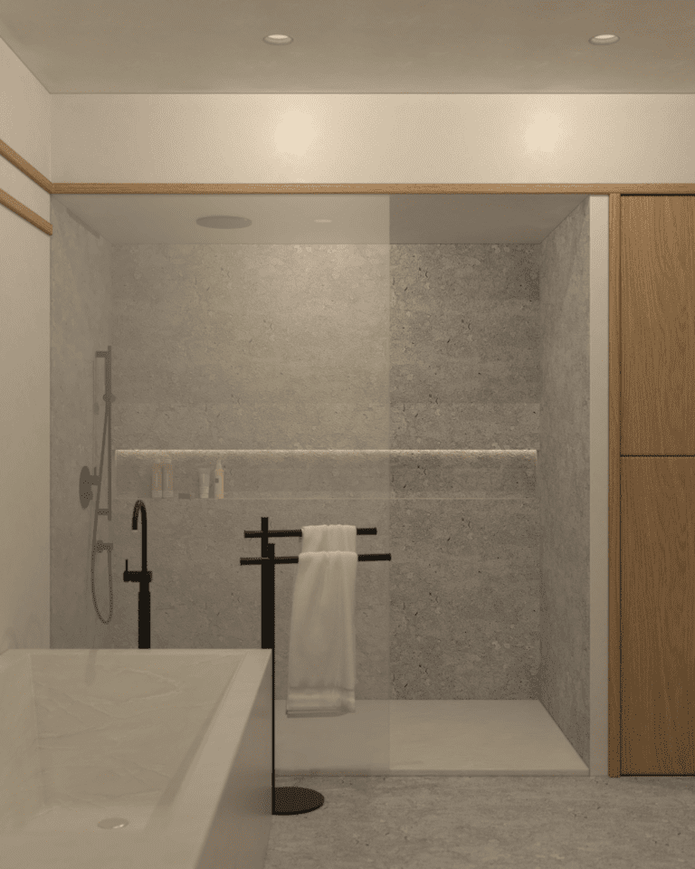 projekt wnętrza mieszkania klimatyczne mieszkanie w stylu retro łazienka prysznic walk-in podświetlana półka deszczownica sufitowa