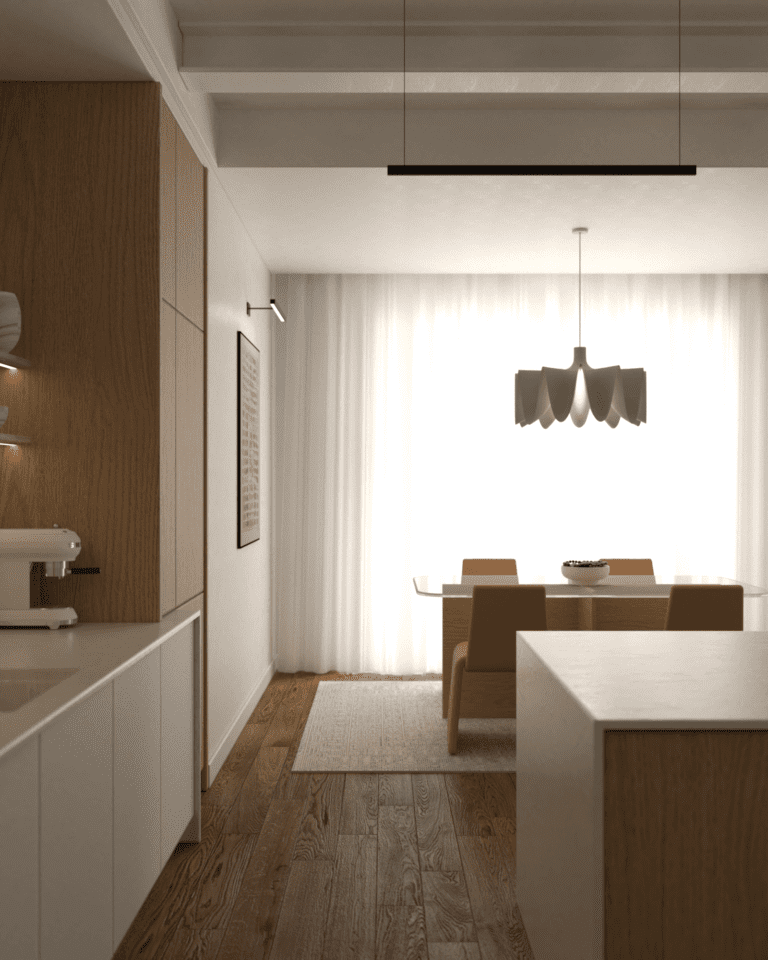 projekt wnętrza mieszkania klimatyczne mieszkanie w stylu retro jadalnia belki stropowe na suficie dębowa podłoga wyspa kuchenna stołki barowe czarne kamienny blat wysoka zabudowa kuchenna kuchnia z jadalnią pomarańczowe krzesła bino home chair plain drewniany stół ze szklanym blatem lampa artemide veil