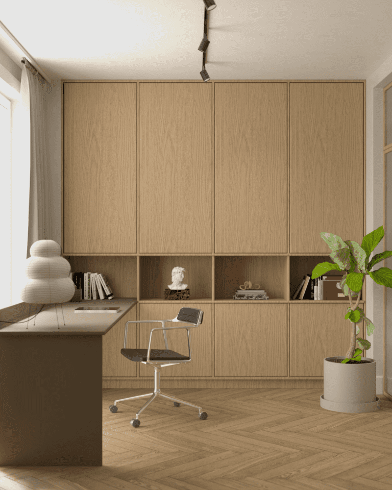 wizualizacje aranżacja wnętrza mieszkania biuro drewniana podłoga w jodełkę angielską beżowe ściany oświetlenie szynowe wysoka zabudowa fornir biurko zielone krzesło retro lampa papierowa