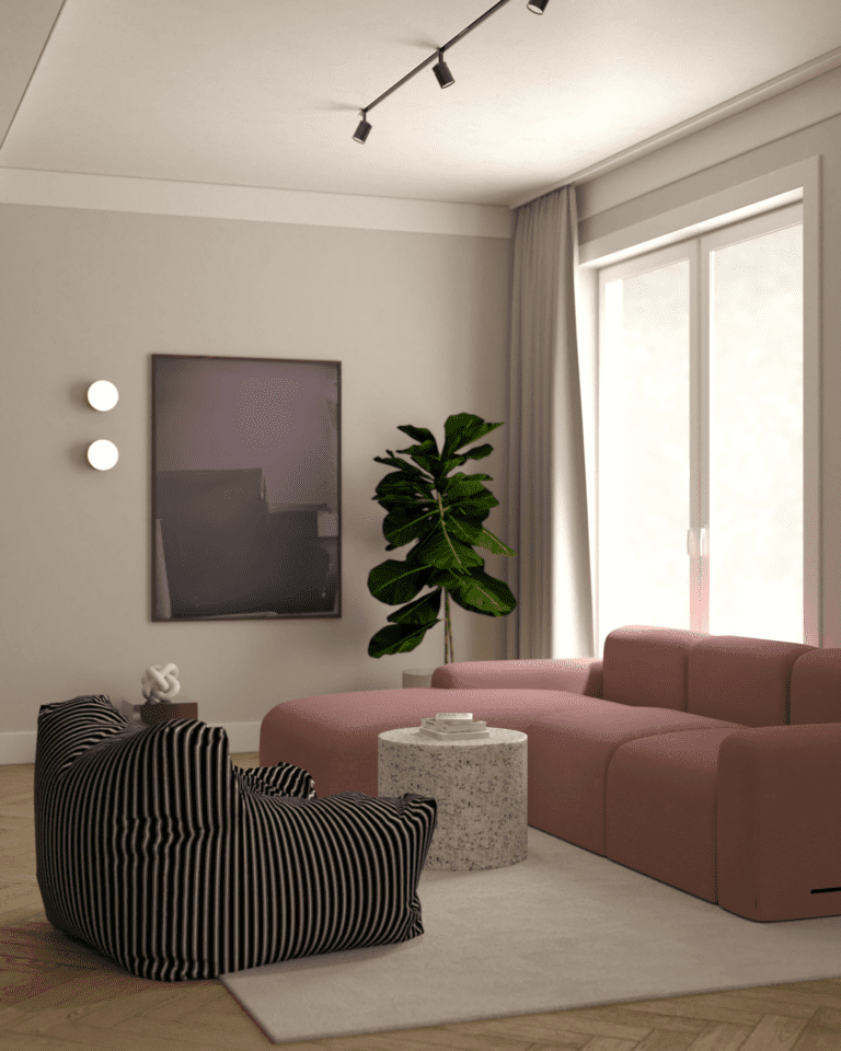 wizualizacje aranżacja wnętrza mieszkania salon drewniana podłoga w jodełkę angielską beżowe ściany papierowa lampa różowa kanapa beżowy dywan i zasłony czarno biała pufa fotel granitowy stolik oświetlenie szynowe