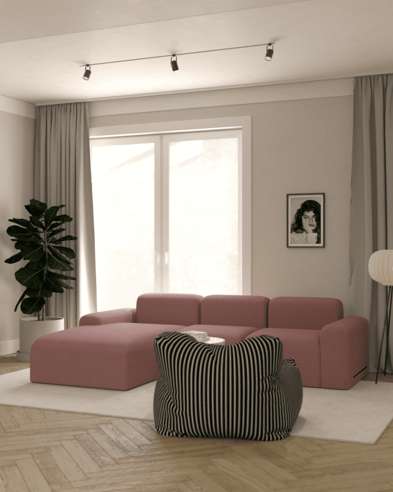 wizualizacje aranżacja wnętrza mieszkania salon drewniana podłoga w jodełkę angielską beżowe ściany papierowa lampa różowa kanapa beżowy dywan i zasłony czarno biała pufa fotel granitowy stolik oświetlenie szynowe